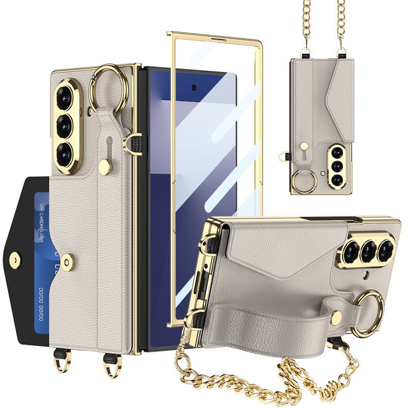 Luxurious Leather Phone Cover With Metal Chain & Wristband For Galaxy Z Fold 7/6